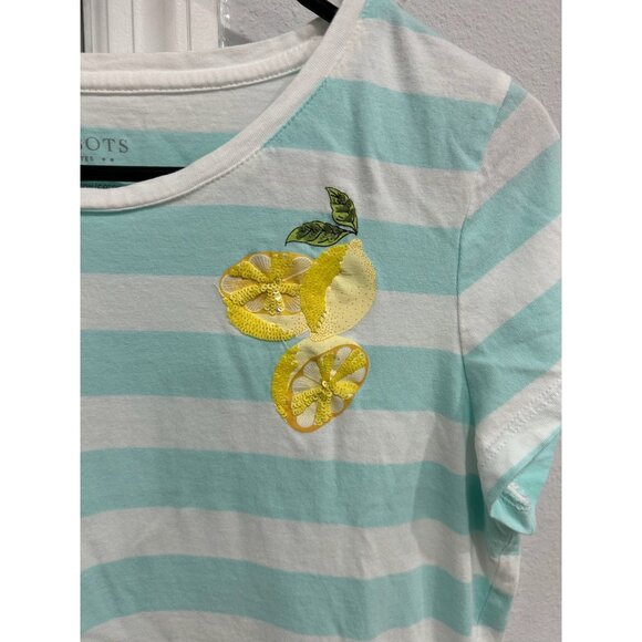 Talbots Striped Lemon Embellished Short Sleeve Tee Blue White Sz Small Petite - Picture 4 of 9